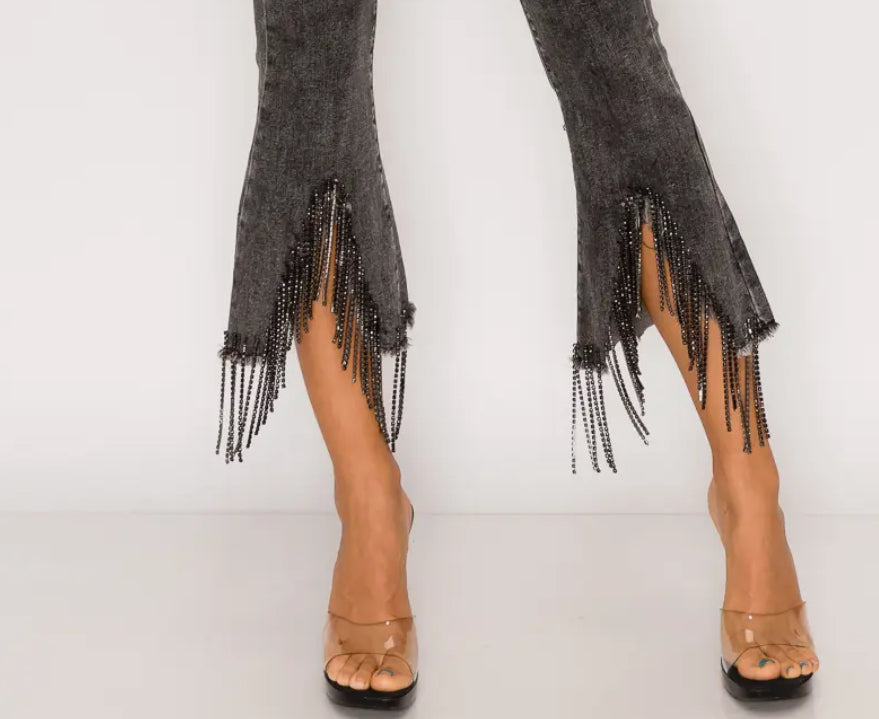 Rhinestone Fringe Denim Crop Jeans