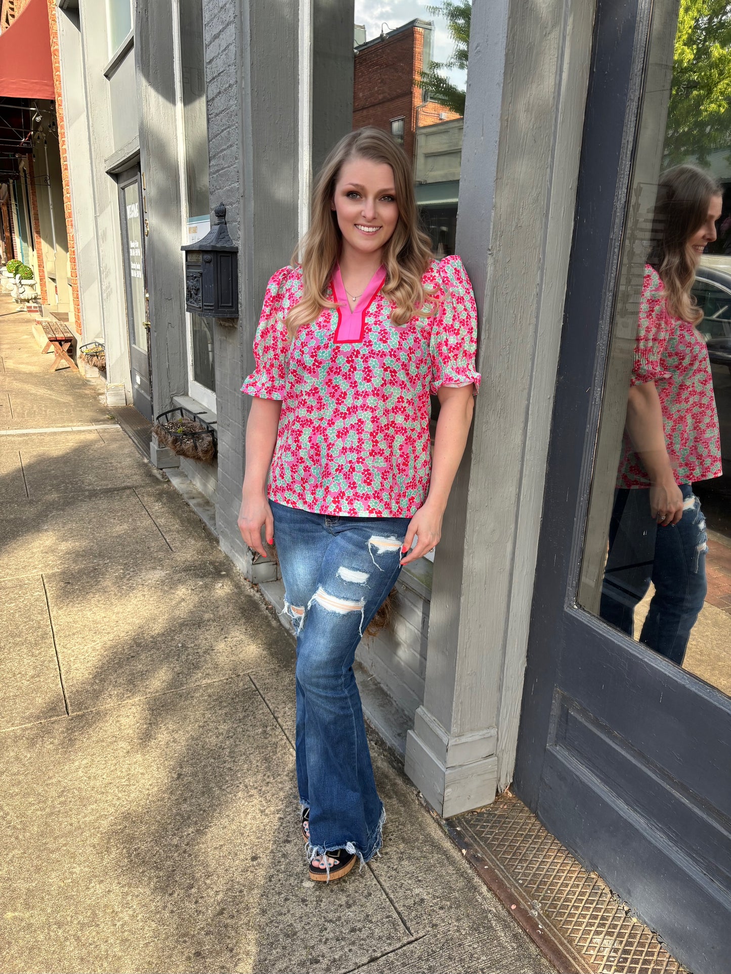 Pink Floral Smocked Sleeve Top