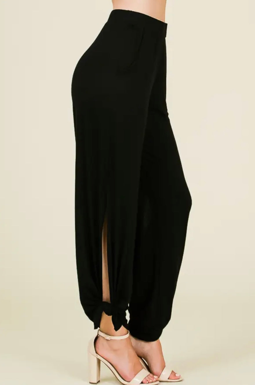 Side Slit Knot Pants- Black