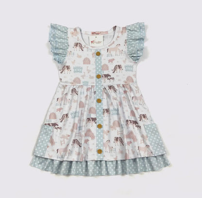 Girls Dress- Barnyard Blue
