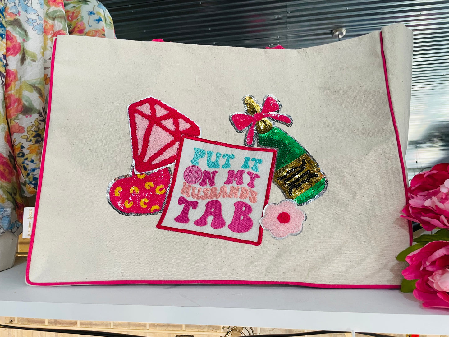 Put It On My Husbands Tab Sequin Tote