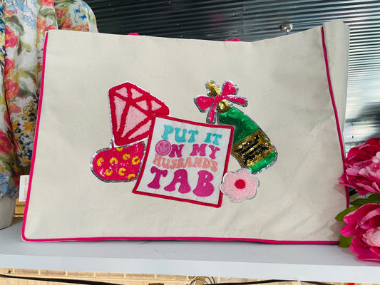 Put It On My Husbands Tab Sequin Tote