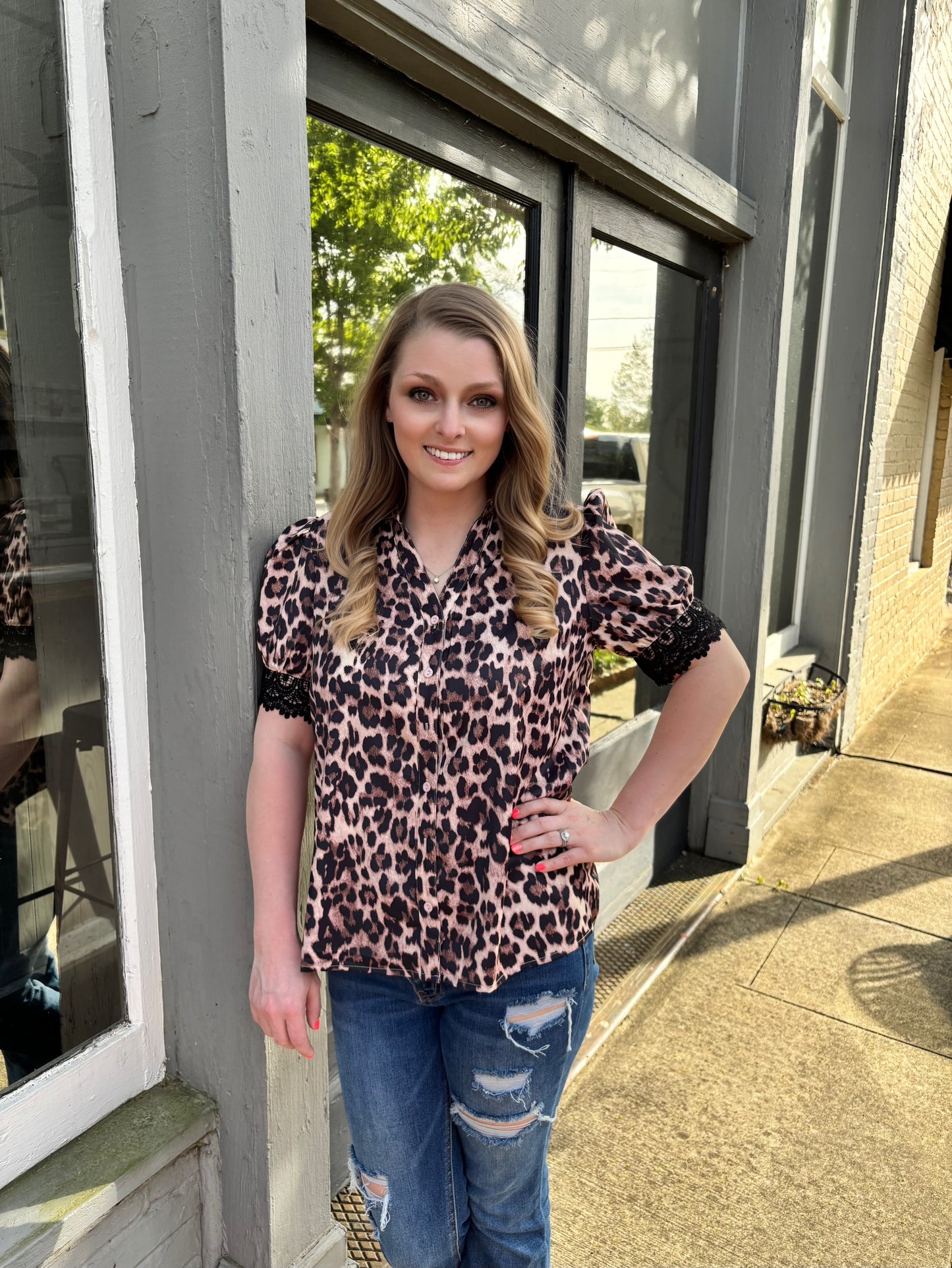 Cheetah Smocked Lace Sleeve Top