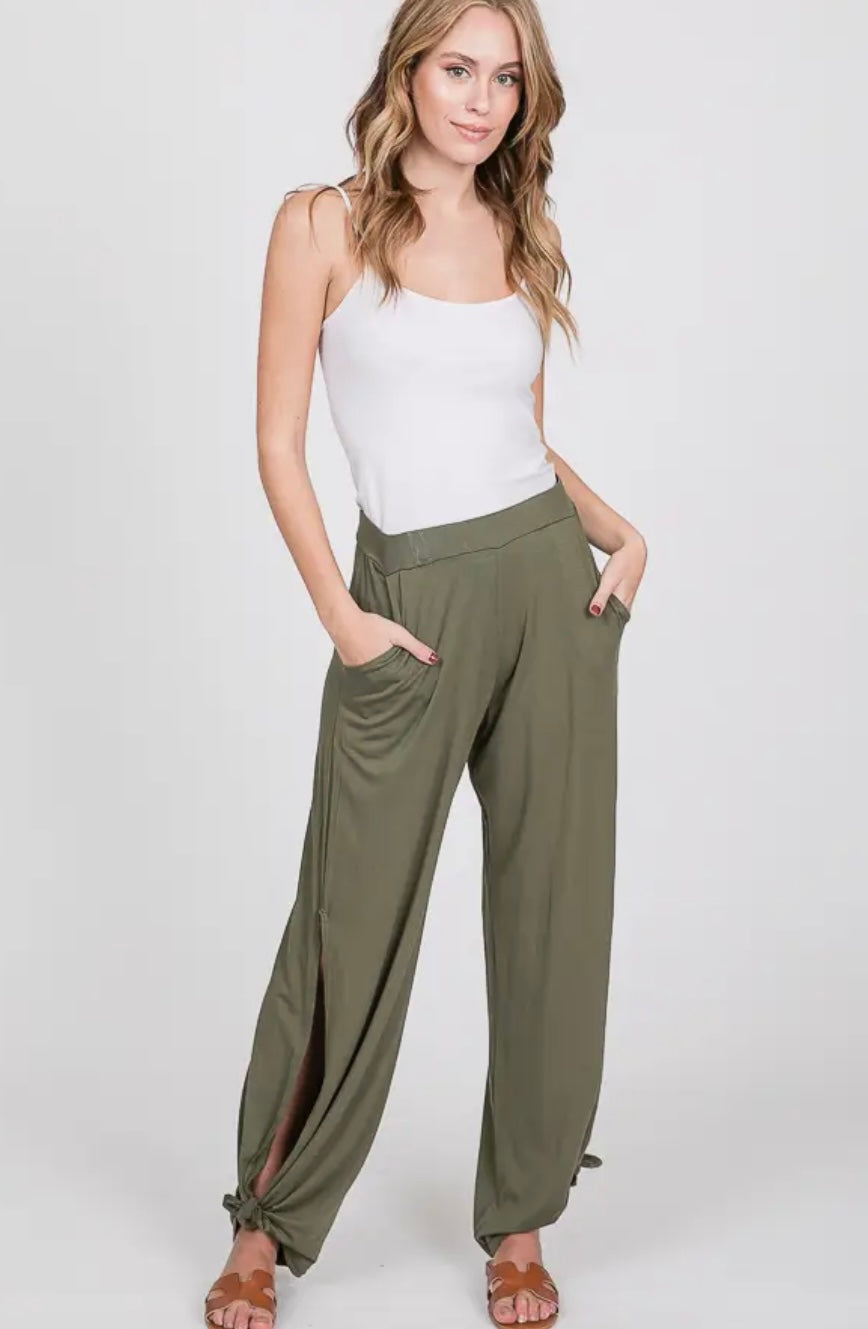 Side Slit Knot Pants- Olive