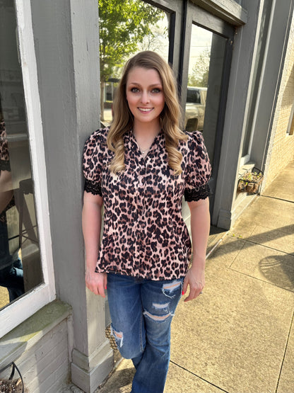 Cheetah Smocked Lace Sleeve Top