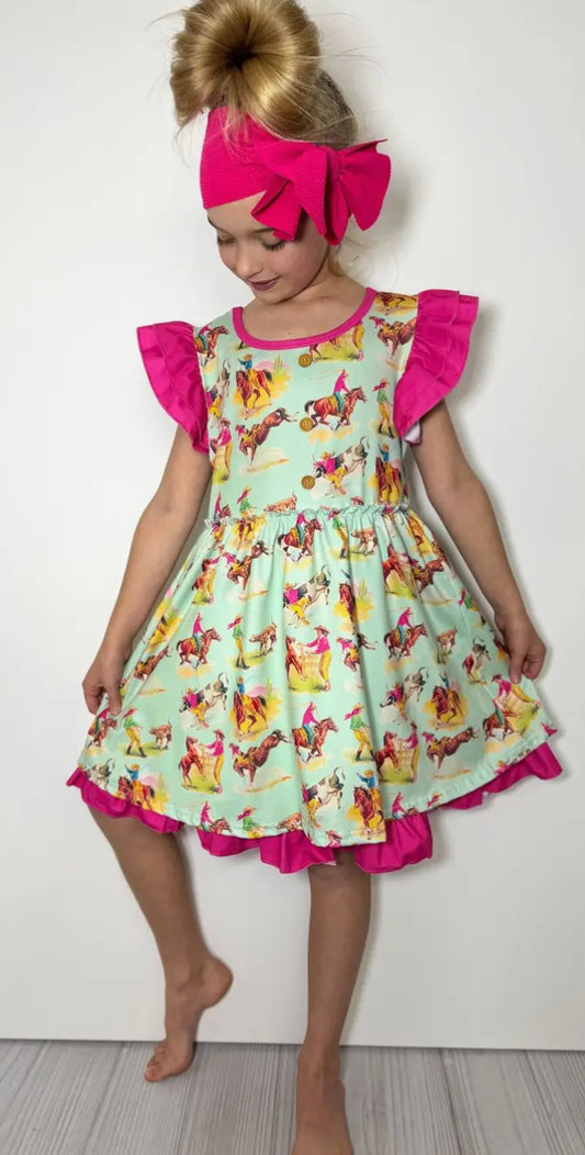 Girls Dress- Aqua Rodeo
