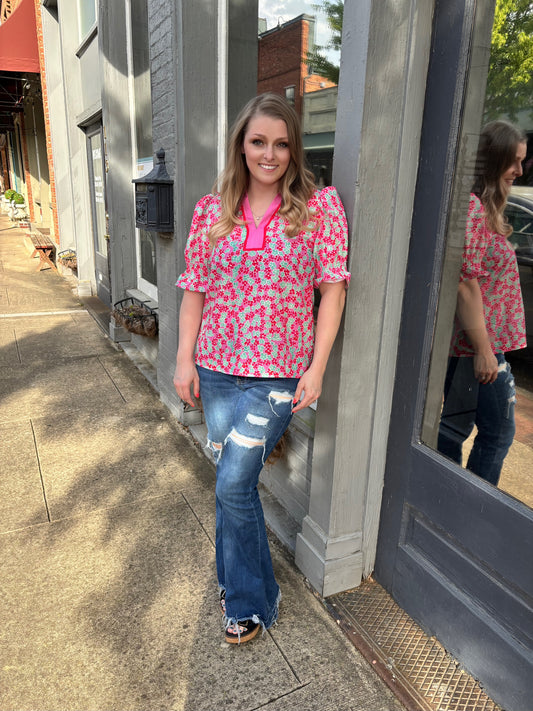 Pink Floral Smocked Sleeve Top