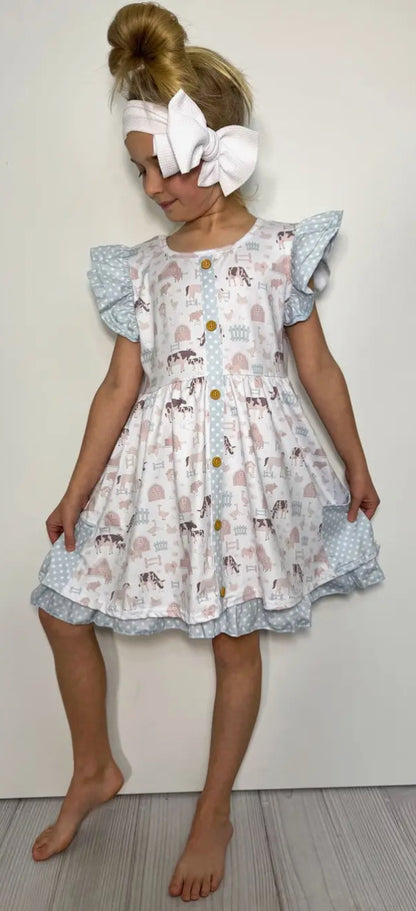 Girls Dress- Barnyard Blue