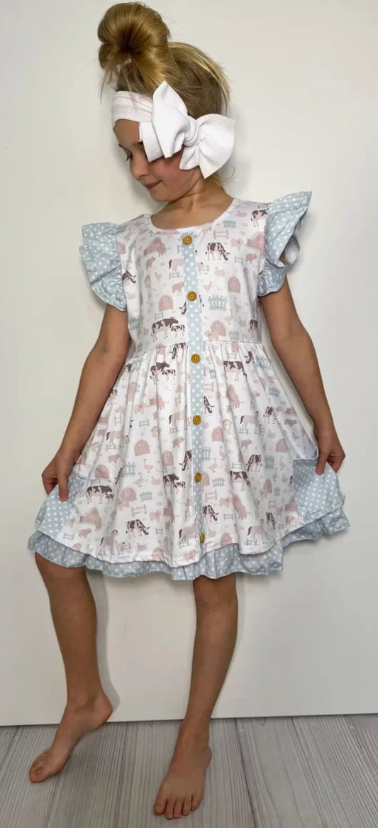 Girls Dress- Barnyard Blue