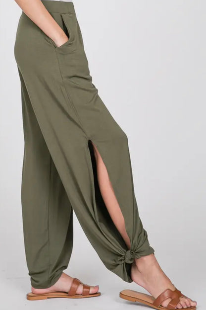 Side Slit Knot Pants- Olive