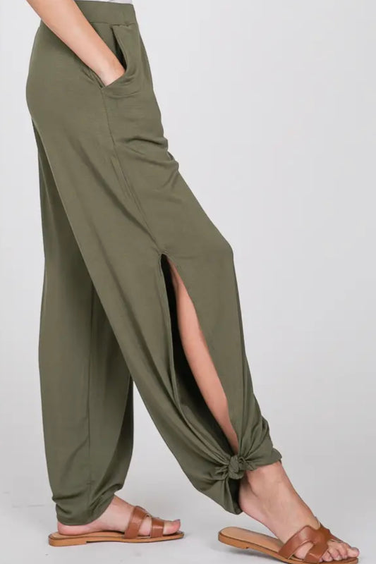 Side Slit Knot Pants- Olive