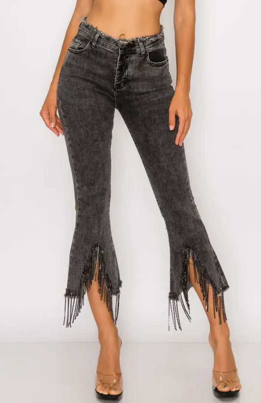Rhinestone Fringe Denim Crop Jeans