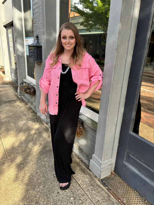 Pink Denim Jacket with Pearls